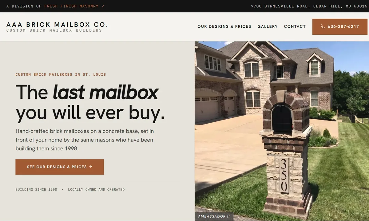 The rebuilt AAA Brick Mailbox Co. homepage: a brick mailbox in front of a house beside the headline The last mailbox you will ever buy.