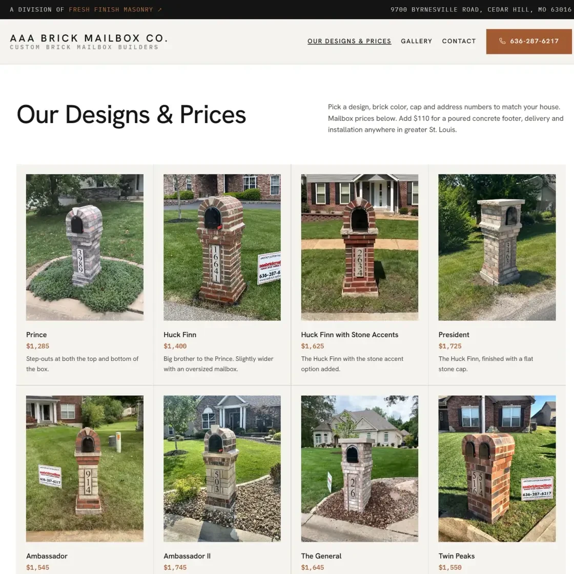 The new Designs & Prices page on desktop: the heading 'Our Designs & Prices' above a four-column grid of mailbox models, each with a photo, name, price and short description, followed by what every mailbox includes, add-on and upgrade pricing, and showroom locations where finished mailboxes are on display.