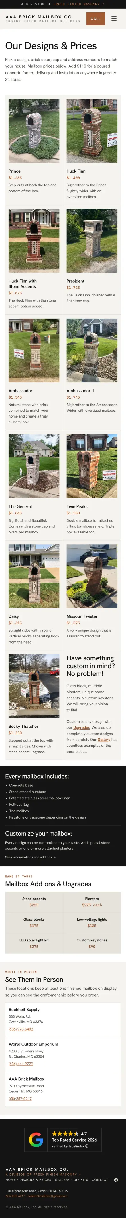 The new Designs & Prices page on a phone: a scrolling list of mailbox model cards, each with a photo, name, price and short description, followed by what is included, customization add-on pricing, and showroom locations where finished mailboxes are on display.