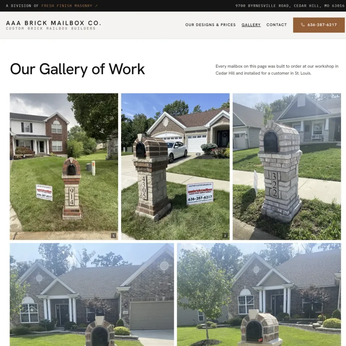 The new Gallery of Work page on desktop: the heading 'Our Gallery of Work' above a grid of numbered photos of installed brick and stone mailboxes from completed jobs across the St. Louis area.