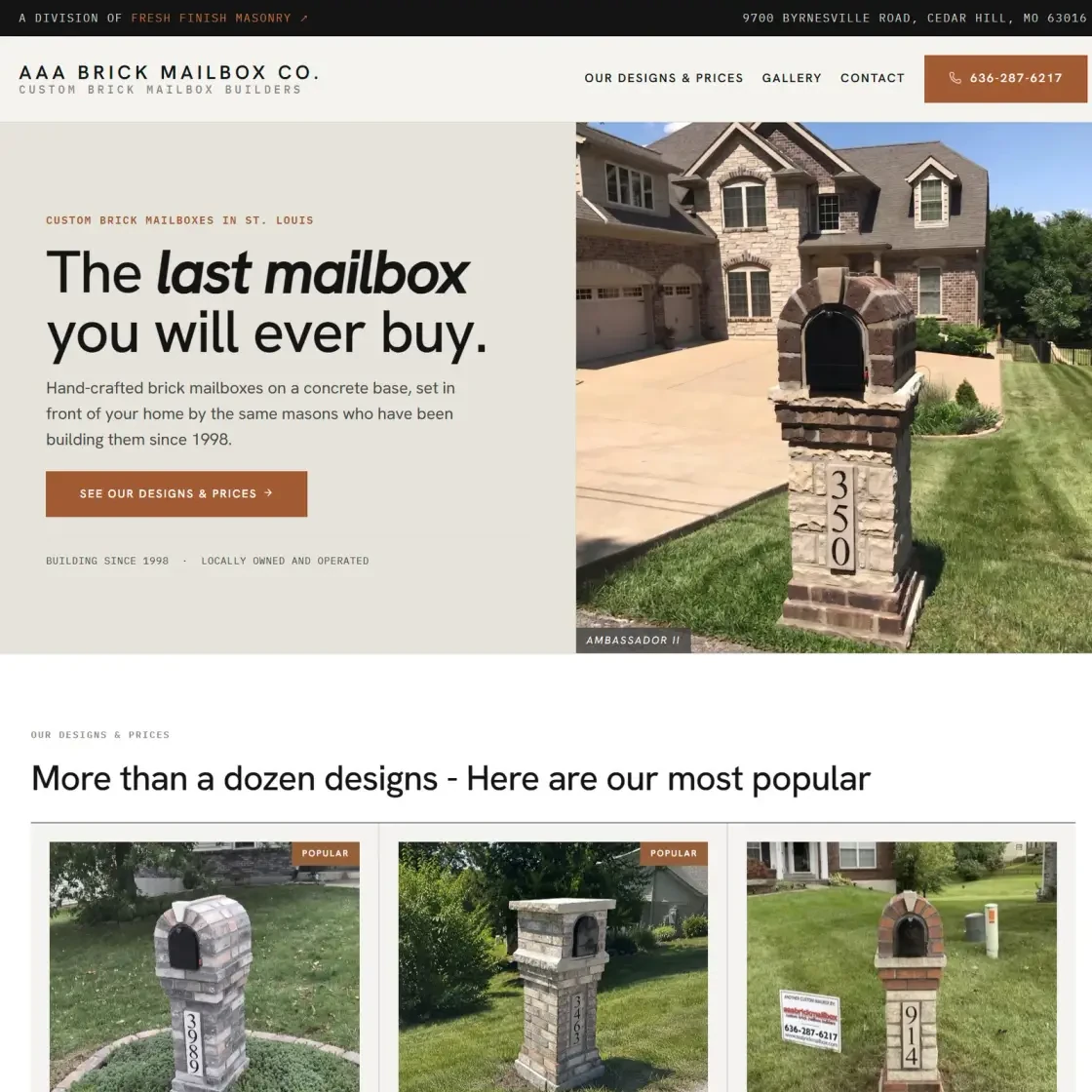 The new AAA Brick Mailbox homepage on desktop: a header with the company name and phone number, a hero photo of an installed stone mailbox beside the headline 'The last mailbox you will ever buy,' and a row of the most popular mailbox designs with prices below it.