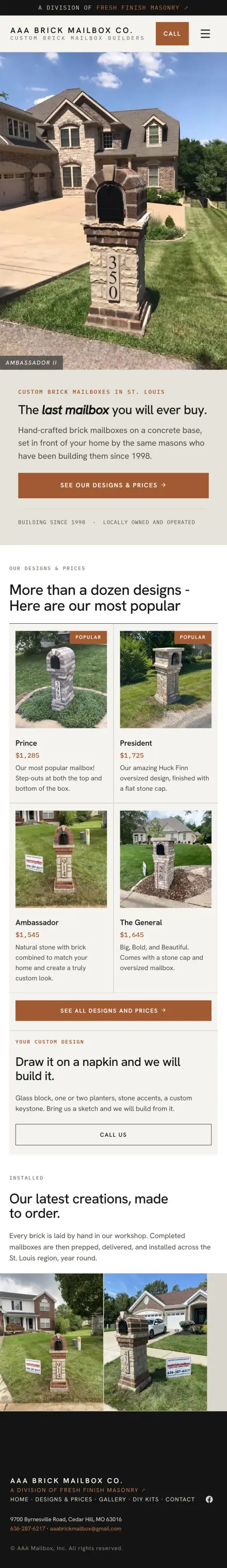 The new AAA Brick Mailbox homepage on a phone: a full-width photo of an installed stone mailbox, the headline 'The last mailbox you will ever buy,' a single call-to-action button, and a grid of popular mailbox designs with prices below it.