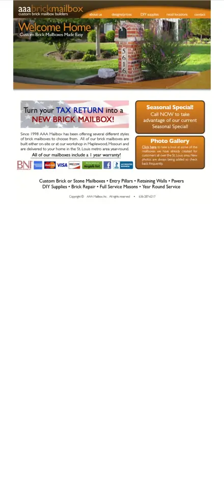 The old AAA Brick Mailbox homepage on a phone, unchanged from its desktop layout: a tightly packed orange header and navigation, a 'Welcome Home' banner and a tax-return promotional graphic, all far too small to read without zooming.