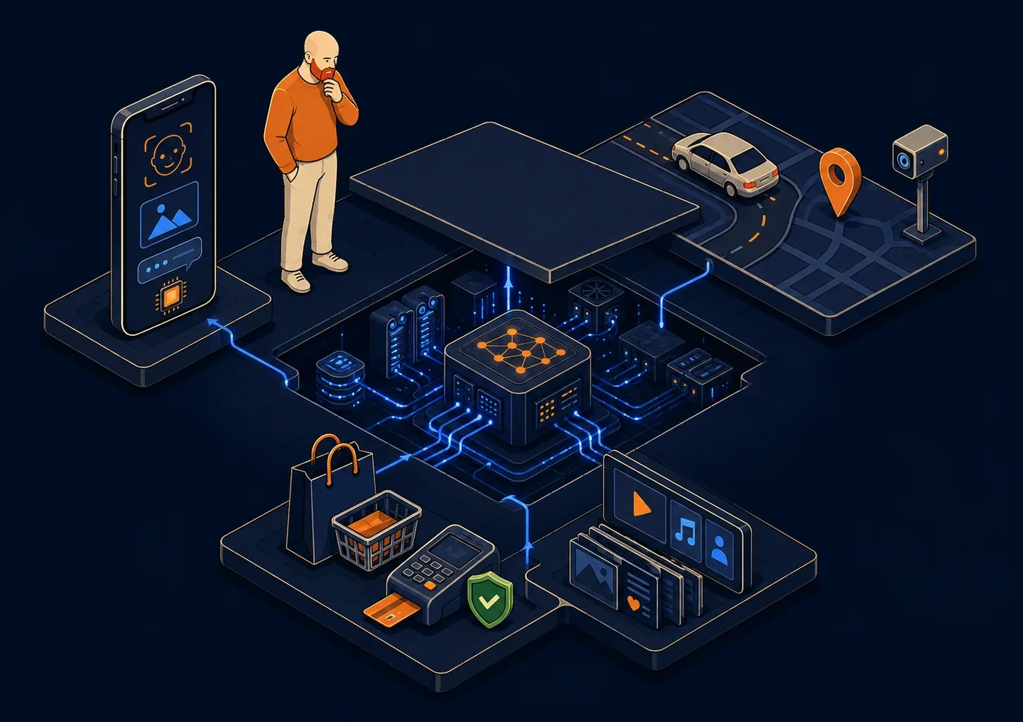 Everyday moments wired to one AI hub: a phone unlocking by face, a mapped drive, a card payment, and a recommended feed.