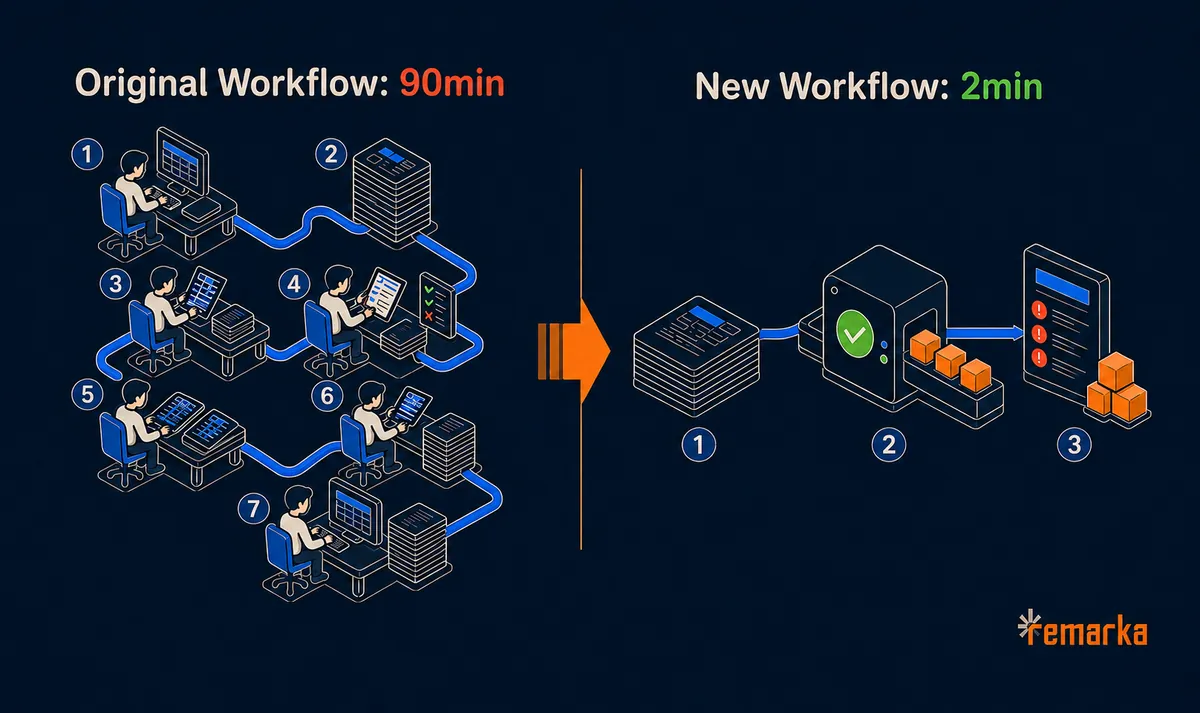 Side-by-side workflow diagram: the old audit ran seven manual steps in 90 minutes; the new one runs three in two minutes.