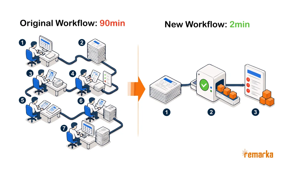 Side-by-side workflow diagram: the old audit ran seven manual steps in 90 minutes; the new one runs three in two minutes.